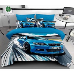 Lenjerie de Pat Dublu 6 Piese 5D cu Cearșaf cu Elastic – Model Mașină Sport Albastră, LFL-117