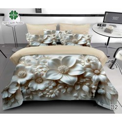 Lenjerie de Pat Dublu 6 Piese 5D cu Cearșaf cu Elastic – Model Floral Bej Elegant, LFL-118