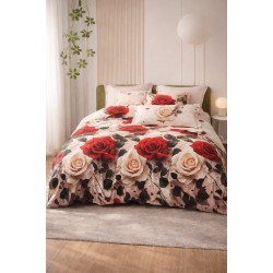 Lenjerie de Pat Dublu 4 Piese din Bumbac Satinat Superior – Model Trandafiri Roșii și Crem, LDBS-244