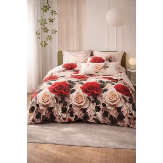 Lenjerie de Pat Dublu 4 Piese din Bumbac Satinat Superior – Model Trandafiri Roșii și Crem, LDBS-244 3 lenjerii la 199 lei