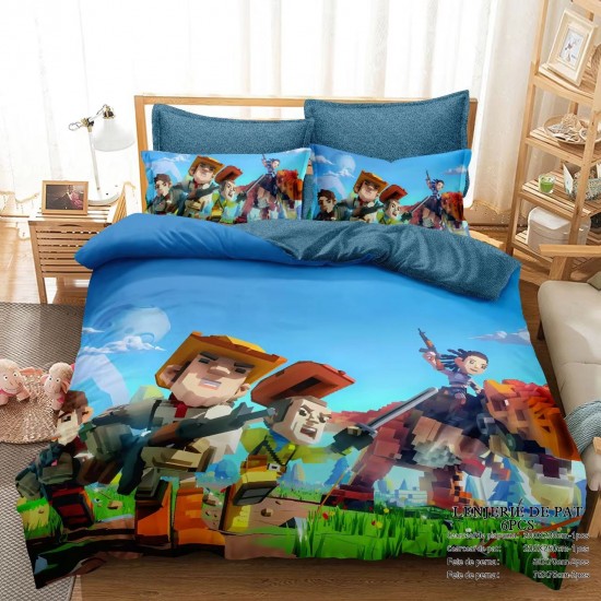 Lenjerie de Pat Dublu 6 Piese Bumbac Finet – Model Gaming Colorat, LCC-033 Lenjerii Pentru Copii cu Desene Animate - Finet 6 piese