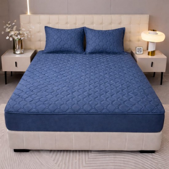 Husă Topper pentru Saltea 160x200 cm – Albastru Petrol Matlasat cu Elastic + 2 Fețe de Pernă, HTC-021 Husa/Topper cu ELASTIC 160-200 cm