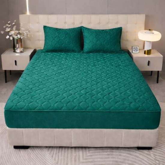 Husă Topper pentru Saltea 160x200 cm – Verde Matlasat cu Elastic + 2 Fețe de Pernă, HTC-017 Husa/Topper cu ELASTIC 160-200 cm