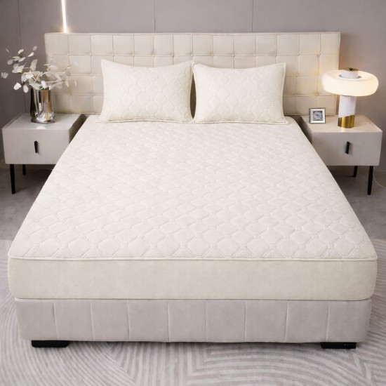 Husă Topper pentru Saltea 160x200 cm – Crem Matlasat cu Elastic + 2 Fețe de Pernă, HTC-008 Husa/Topper cu ELASTIC 160-200 cm