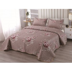 Cuvertură Pat Dublu cu 2 Fețe de Pernă din Bumbac Satinat – Model Floral Elegant Roz Pudrat, OCT-033