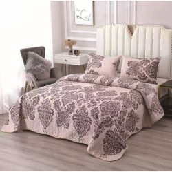 Cuvertură Pat Dublu cu 2 Fețe de Pernă din Bumbac Satinat – Model Elegant Bej cu Maro, OCT-028