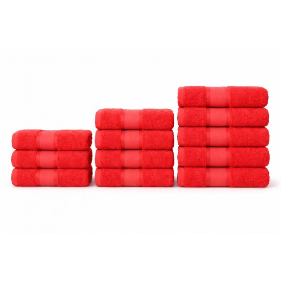 Set 12 Prosoape din Bumbac 100%  Pakistanez – Densitate 400 gr/mp, 30x50 / 50x90 / 70x130 cm, Rosu, PCG-117 Prosoape