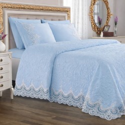 Set Cuvertură de Lux Matlasată Bleu cu Dantelă Elegantă – 6 Piese, Pat Dublu 2 Persoane, CME-013