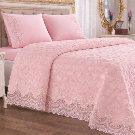 Set Cuvertură de Lux Matlasată Roz Pudrat cu Dantelă Elegantă – 6 Piese, Pat Dublu 2 Persoane, Model Inimioare, CME-014 Cuverturi Lux Catifea cu Dantela 6 piese