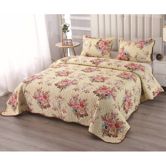 Cuvertură Pat Dublu cu 2 Fețe de Pernă din Bumbac Satinat – Model Floral Crem, OCT-015 3 cuverturi la 199 lei