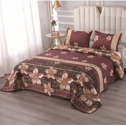 Cuvertură matlasată bumbac satinat 220x240 cm cu 2 fețe de pernă, Model Floral Bordo & Maro, CBS-037