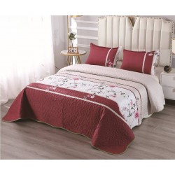 Cuvertură Pat Dublu cu 2 Fețe de Pernă – Bumbac Satinat, Model Floral Bordo Elegant, OCT-012