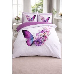 Lenjerie de Pat Dublu 4 Piese din Bumbac Satinat Superior – Model Fluture Mov cu Flori, LDBS-172