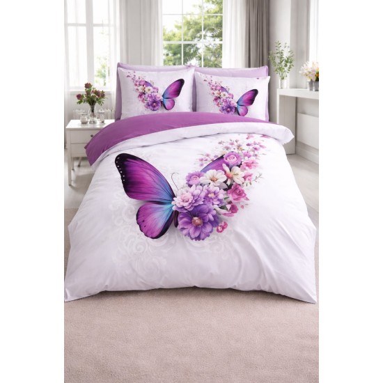 Lenjerie de Pat Dublu 4 Piese din Bumbac Satinat Superior – Model Fluture Mov cu Flori, LDBS-172 3 lenjerii la 199 lei
