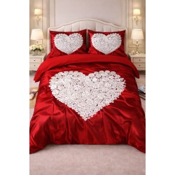 Lenjerie de Pat Dublu 4 Piese din Bumbac Satinat Superior – Model Inimă Albă pe Fundal Roșu, LDBS-189