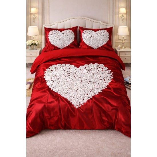 Lenjerie de Pat Dublu 4 Piese din Bumbac Satinat Superior – Model Inimă Albă pe Fundal Roșu, LDBS-189 3 lenjerii la 199 lei
