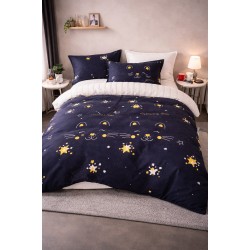 Lenjerie de Pat Dublu 4 Piese din Bumbac Satinat Superior – Model Pisici și Stele, Bleumarin, LDBS-309