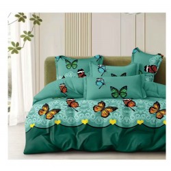 Lenjerie de Pat Dublu 4 Piese din Bumbac Satinat Superior – Model Fluturi Multicolori Verde Smarald, LDBS-257