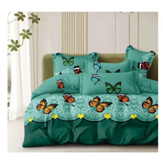 Lenjerie de Pat Dublu 4 Piese din Bumbac Satinat Superior – Model Fluturi Multicolori Verde Smarald, LDBS-257 3 lenjerii la 199 lei