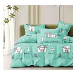Lenjerie de Pat Dublu 4 Piese din Bumbac Satinat Superior – Model Iepurași și Căsuțe Verde Menta, LDBS-035