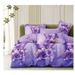 Lenjerie de Pat Dublu 4 Piese din Bumbac Satinat Superior – Model Fluturi și Trandafiri Mov Elegant, LDBS-273