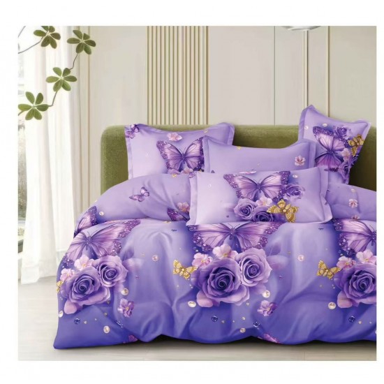 Lenjerie de Pat Dublu 4 Piese din Bumbac Satinat Superior – Model Fluturi și Trandafiri Mov Elegant, LDBS-273 3 lenjerii la 199 lei