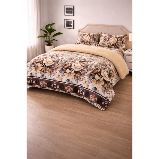 Set Lenjerie Cocolino 4 Piese cu Blăniță și Elastic – Model Floral Elegant Bej-Maro, LEC-142 Lenjerii Cocolino 4 piese cu ELASTIC