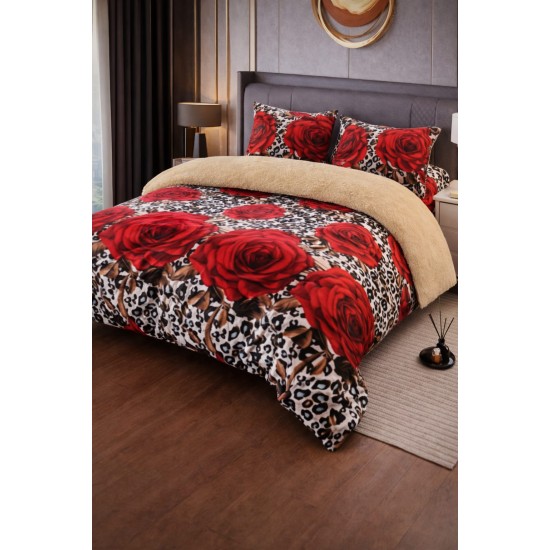 Set Lenjerie Cocolino 4 Piese cu Blăniță și Elastic – Model Trandafiri Roșii Animal Print, LEC-097 Lenjerii Cocolino 4 piese cu ELASTIC