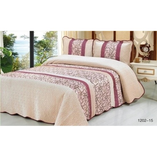 Cuvertură Pat Dublu 3 Piese Catifea Matlasată 230x250 cm + 2 Fețe Pernă – Model Elegant Crem cu Accente Mov, CCV-107 Cuverturi Catifea 3 piese cu Model