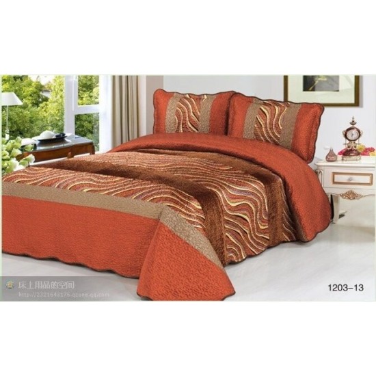 Cuvertură Pat Dublu 3 Piese Catifea Matlasată 230x250 cm + 2 Fețe Pernă – Model Elegant Portocaliu Maro, CCV-031 Cuverturi Catifea 3 piese cu Model