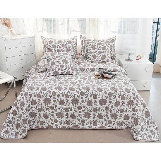 Set Cuvertură Pat 5 Piese Bumbac cu In 230x250 cm – Model Floral Maro Elegant, CBI-018 Cuverturi Bumbac cu In 5 piese