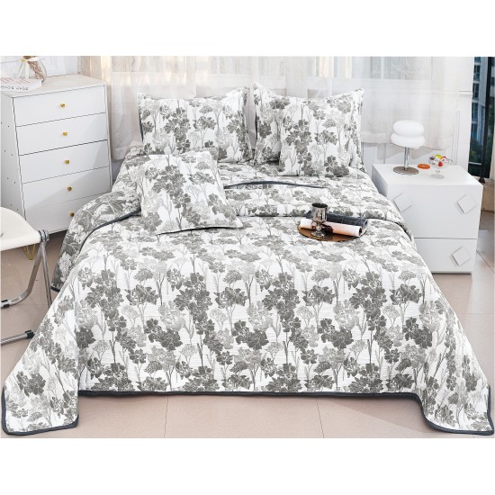 Set Cuvertură Pat 5 Piese Bumbac cu In 230x250 cm – Model Floral Gri Elegant, CBI-022 Cuverturi Bumbac cu In 5 piese