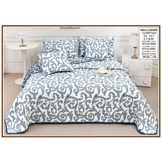 Set Cuvertură Pat 5 Piese Bumbac cu In 230x250 cm – Model Arabesc Albastru Elegant, CBI-024 Cuverturi Bumbac cu In 5 piese