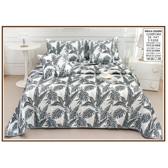 Set Cuvertură Pat 5 Piese Bumbac cu In 230x250 cm – Model Frunze Gri Modern, CBI-025 Cuverturi Bumbac cu In 5 piese