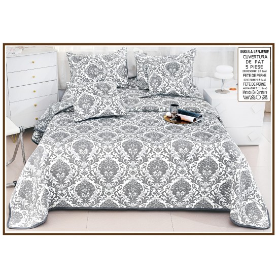 Set Cuvertură Pat 5 Piese Bumbac cu In 230x250 cm – Model Damasc Gri Elegant, CBI-026 Cuverturi Bumbac cu In 5 piese