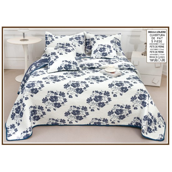 Set Cuvertură Pat 5 Piese Bumbac cu In 230x250 cm – Model Floral Albastru Elegant, CBI-027 Cuverturi Bumbac cu In 5 piese