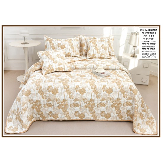 Set Cuvertură Pat 5 Piese Bumbac cu In 230x250 cm – Model Floral Bej Auriu Elegant, CBI-028 Cuverturi Bumbac cu In 5 piese