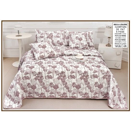Set Cuvertură Pat 5 Piese Bumbac cu In 230x250 cm – Model Floral Bej Elegant, CBI-029 Cuverturi Bumbac cu In 5 piese
