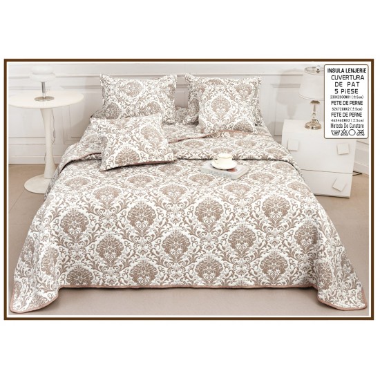 Set Cuvertură Pat 5 Piese Bumbac cu In 230x250 cm – Model Damasc Bej Elegant, CBI-030 Cuverturi Bumbac cu In 5 piese