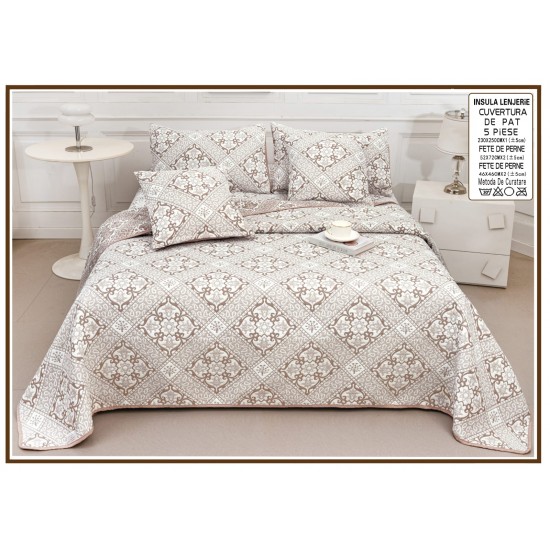 Set Cuvertură Pat 5 Piese Bumbac cu In 230x250 cm – Model Geometric Elegant Bej-Maro, CBI-031 Cuverturi Bumbac cu In 5 piese