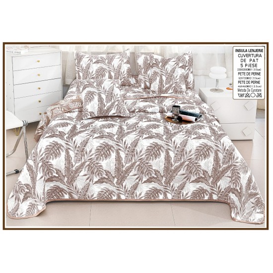 Set Cuvertură Pat 5 Piese Bumbac cu In 230x250 cm – Model Frunze Bej Elegant, CBI-032 Cuverturi Bumbac cu In 5 piese
