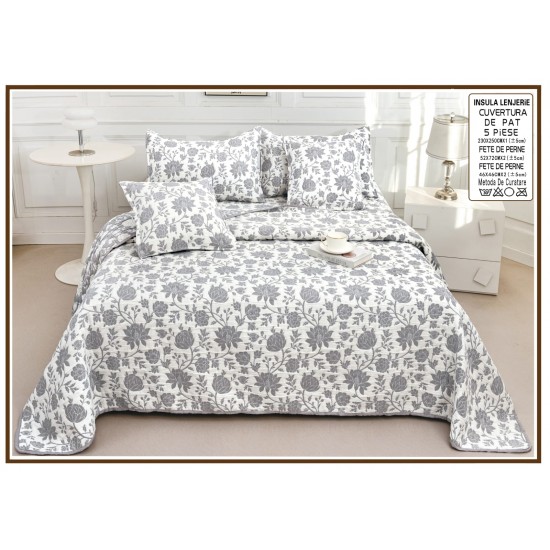 Set Cuvertură Pat 5 Piese Bumbac cu In 230x250 cm – Model Floral Gri Elegant, CBI-016 Cuverturi Bumbac cu In 5 piese
