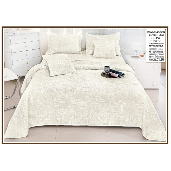 Set Cuvertură Pat 5 Piese Bumbac cu In 230x250 cm – Model Crem Elegant Floral, CBI-019 Cuverturi Bumbac cu In 5 piese