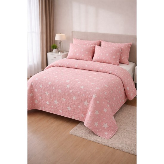 Set Cuvertură Pat 5 Piese Bumbac cu In 230x250 cm – Model Stele Roz Elegant, CBI-020 Cuverturi Bumbac cu In 5 piese