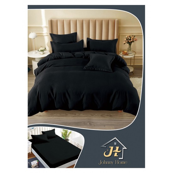 Lenjerie pat dublu, BUMBAC FINET, 6 piese, cearsaf cu ELASTIC, UNI, Negru, LFU-024 Lenjerii Finet 6 piese Uni cu Elastic