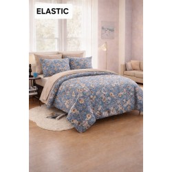 Set Lenjerie Pat Dublu Bumbac Satinat 4 Piese cu Cearșaf cu Elastic – Model Floral Elegant Bleu, LDBS-068