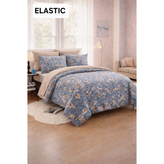 Set Lenjerie Pat Dublu Bumbac Satinat 4 Piese cu Cearșaf cu Elastic – Model Floral Elegant Bleu, LDBS-068 3 lenjerii la 199 lei