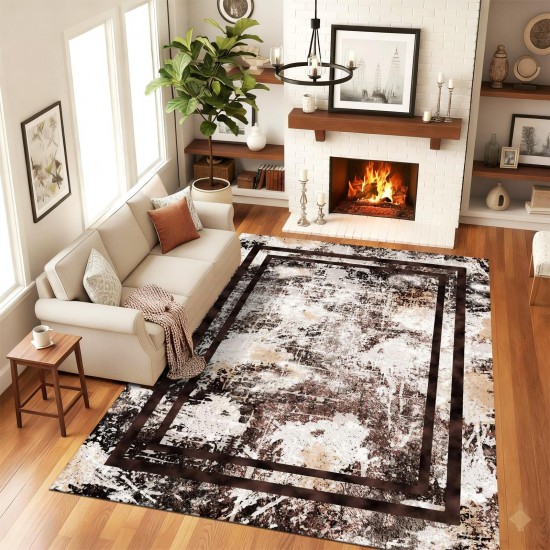 Traverse Antiderapante 120x180 cm – Model Abstract cu Chenar Maro, Bej și Negru, TCA-001 Covoare Antiderapante