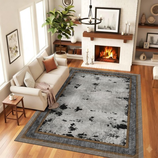 Traverse Antiderapante 120x180 cm – Model Clasic cu Bordură Grecească, Gri și Negru, TCA-018 Covoare Antiderapante