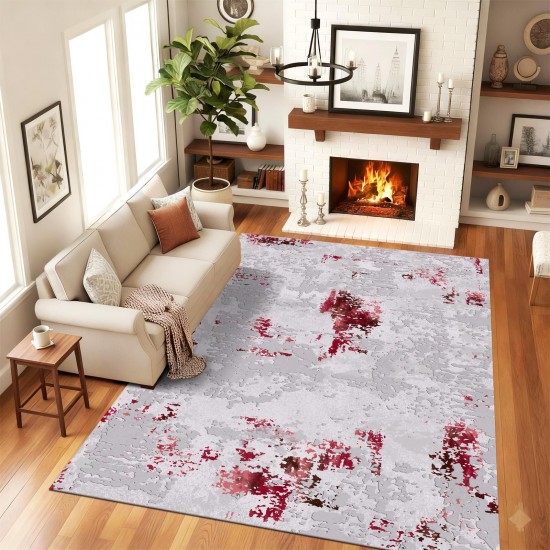 Traverse Antiderapante 200x300 cm – Model Abstract Gri cu Accente Roșii, TCA-021 Covoare Antiderapante